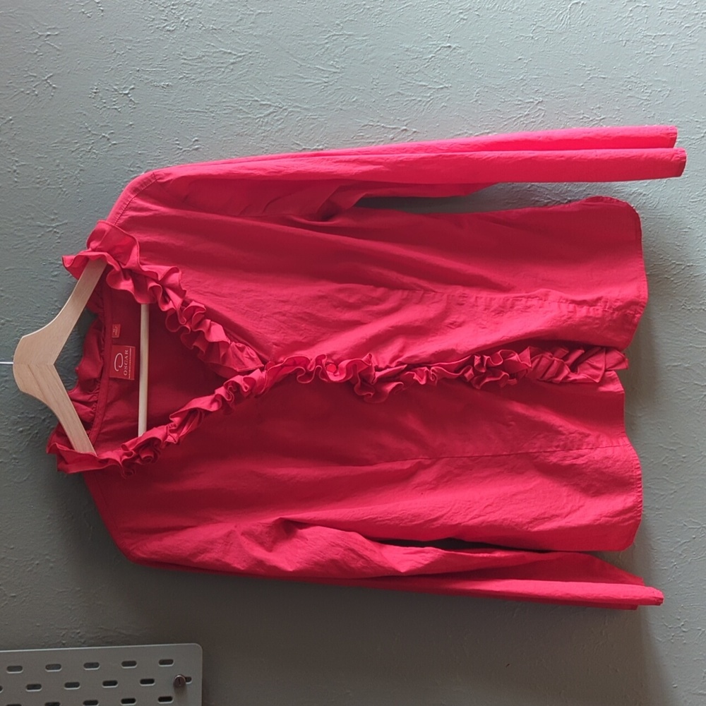 Oscar De La Renta Red Cotton Ruffle Blouse